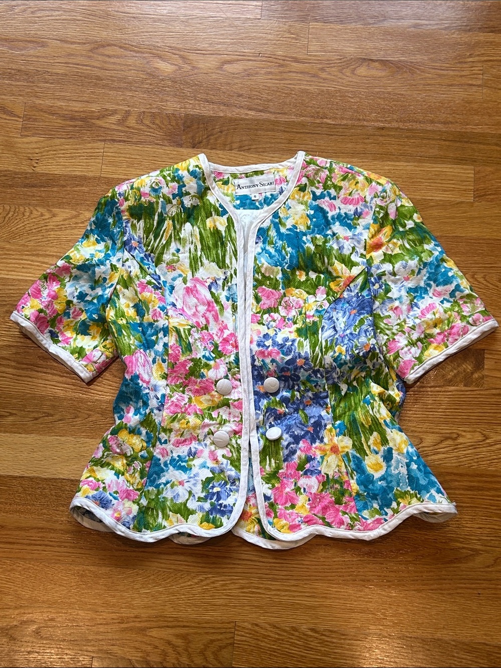 Vintage 1970s Anthony Sicari Floral Spring Watercolor Short Sleeve Blazer top 8